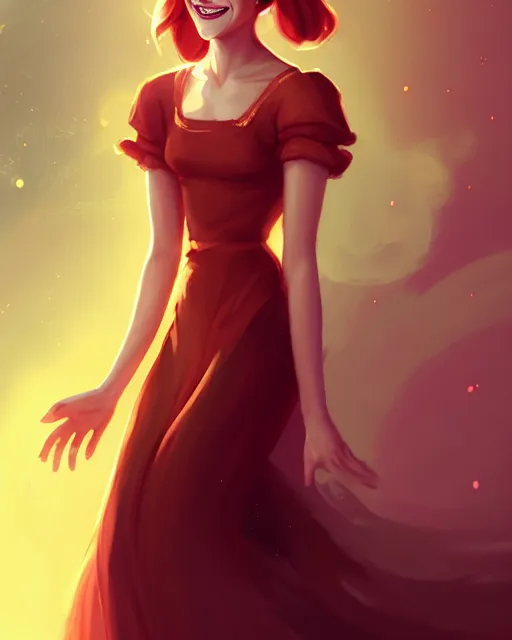 Image similar to a portrait of a beautiful full body Emma Watson smiling, pretty gold and red dress, art by lois van baarle and loish and ross tran and rossdraws and sam yang and samdoesarts and artgerm, digital art, highly detailed, intricate, sharp focus, Trending on Artstation HQ, deviantart, unreal engine 5, 4K UHD image