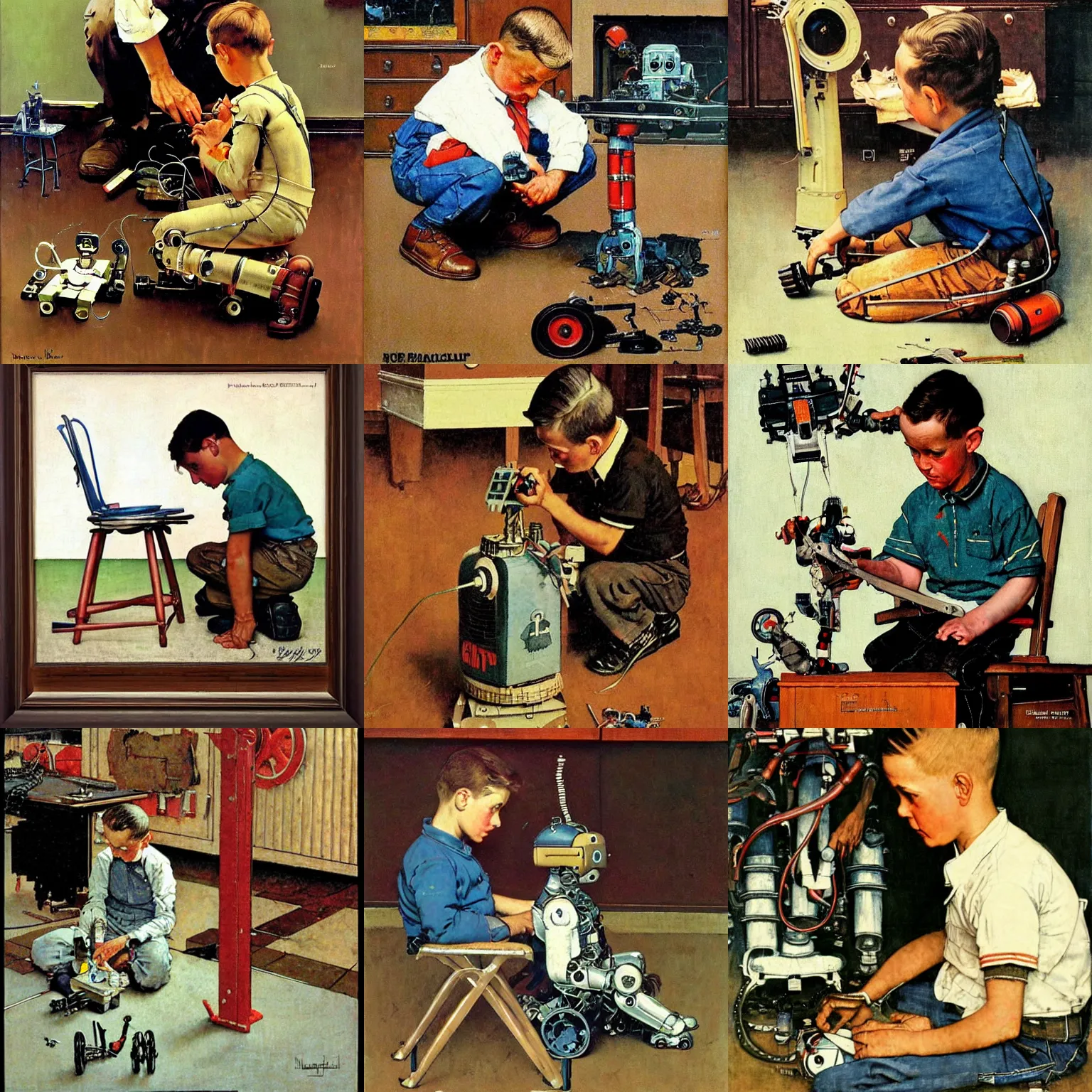 Image similar to a boy fixing his robot, painting by Norman Rockwell,