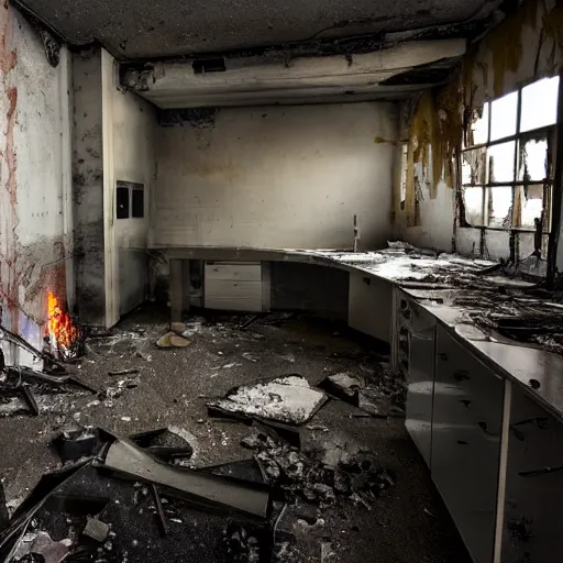 Image similar to modern laboratory, destroyed and abandoned, fire, laser, portal, dust, debris, photo