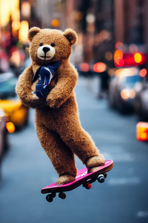 Prompt: teddy bear on a skateboard on busy new york street ,cinematic bokeh , award winning photograph with backlight