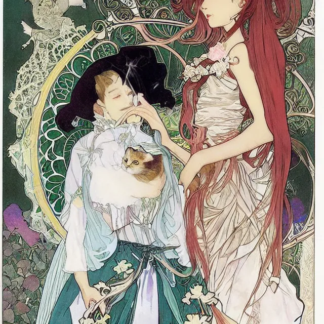 Prompt: gothic lolita and her cat companion. gouache manga artbook illustration by clamp and alphonse mucha.