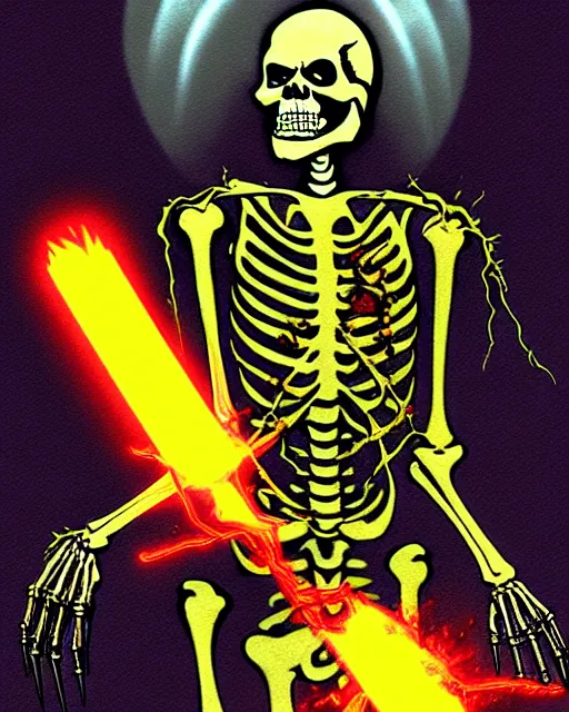 Prompt: zombie skeleton jedi knight meditating, explosive electric energy, in the style of darrell k. sweet, in the style of 1 9 8 0 s, matte, intense atmosphere, high detail, vintage horror