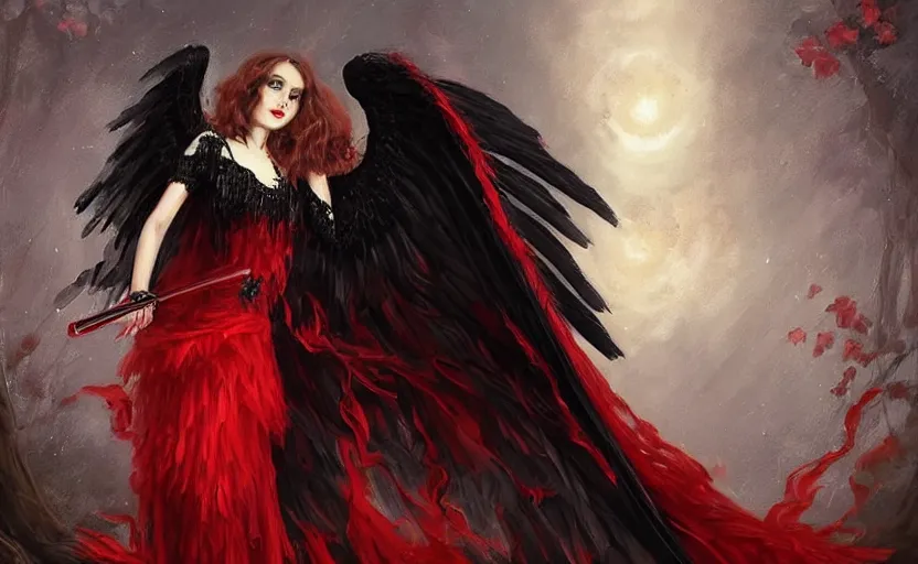 Prompt: Female dark angel in gothic red and black dress, their black wings are extended. She is in the bioluminescent forest. Horror scene, highly detailded. By Konstantin Razumov