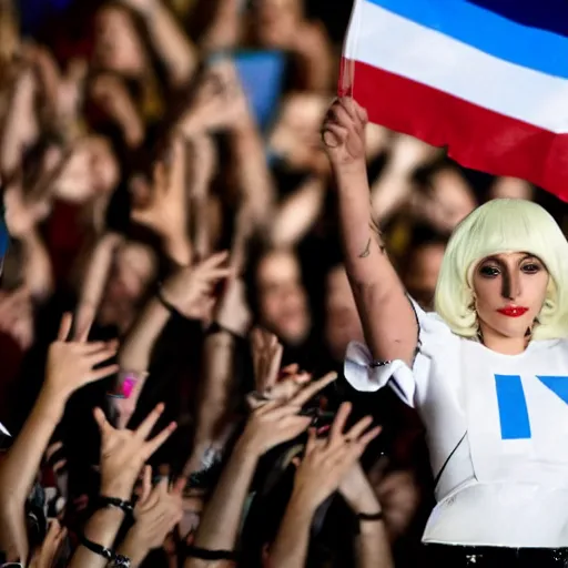 Image similar to Lady Gaga as president, Argentina presidential rally, Argentine flags behind, bokeh, detailed face, Argentina