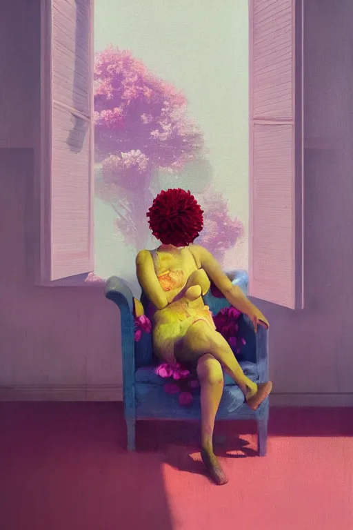 Prompt: closeup, huge flower head, woman sitting on lounge chair by an open window, surreal photography, studio light, impressionist painting, digital painting, artstation, simon stalenhag
