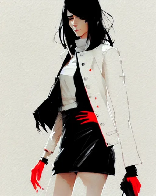 Image similar to a ultradetailed painting of a stylish woman wearing a white jacket with black skirt, by conrad roset, greg rutkowski and makoto shinkai trending on artstation