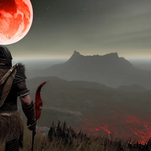 Prompt: photo realistic dovahkiin standing on a mountain wearing daedric armor with an eerie blood red eclipse in the background