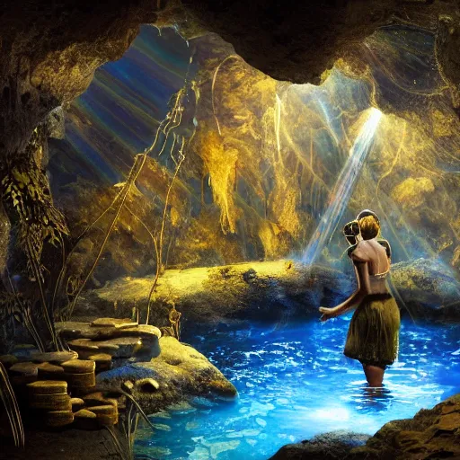 Image similar to adventurer archeologist, inside the wishing well cavern, piles of gold coins, refractive jewels, shallow water, gold refractions off water, moonlight beam from above illuminates cavern, reflective clean water on cavefloor, slick wet walls, soft glow fungi, small flowing stream from wall, lichen patches, gold dappled lighting, movie poster painting