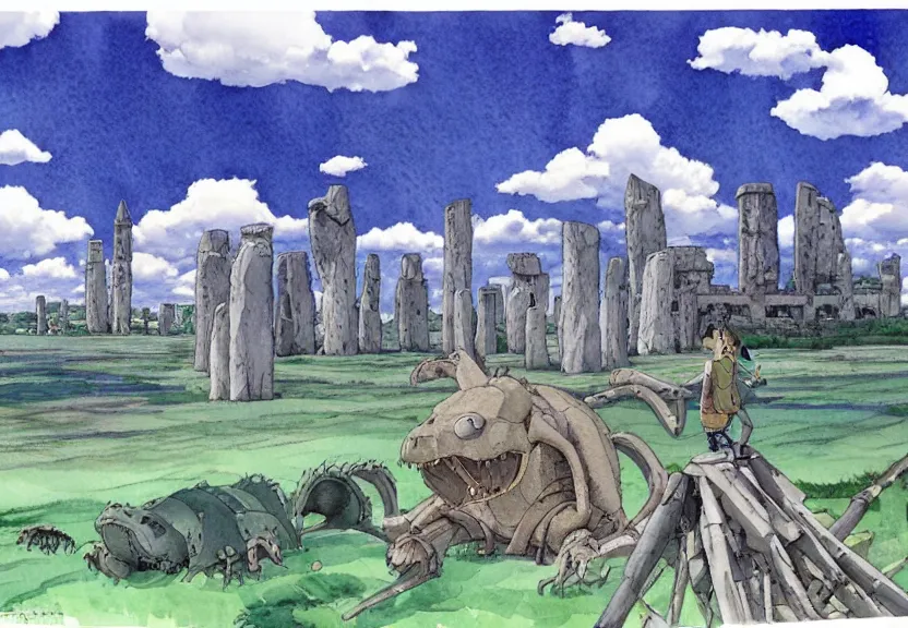 Prompt: a hyperrealist watercolor concept art from a studio ghibli film showing a giant grey mechanized crocodile from howl's moving castle ( 2 0 0 4 ). stonehenge is under construction in the background, in the rainforest on a misty and starry night. by studio ghibli