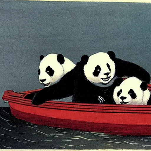 Image similar to a boat filled with pandas by winslow homer