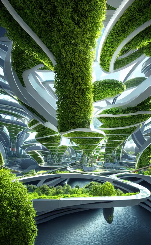 Prompt: biophilic futuristic scifi suspended city gardens colorful architectural landscape, fluidity, flowers, porcelain, beautiful morning light, canal bridge paths pedestrian cafes, interior cinematic composition, granite marble, nebula magnolia, water, glass walls, metallic, grass, exotic trees, modular buildings, vincent callebaut composition, 8 k, unreal engine, hdr