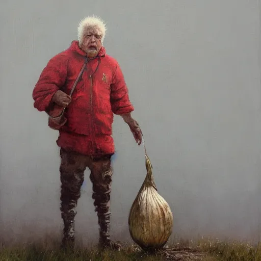 Prompt: onion man by Jakub Rozalski, oil painting on canvas, smug onion head