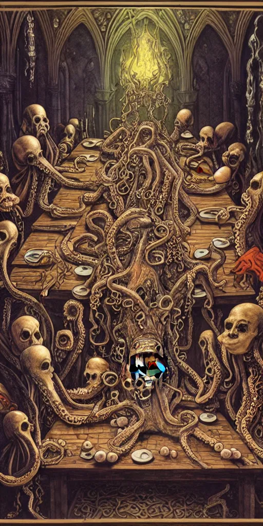 Image similar to group of mages with human bodies and octopus heads sitting near the table with magical artifacts in an ancient mage castle with enormous scale, gothic and baroque, brutalist architecture, ultradetailed, Intricate by John Howe and Josan Gonzalez and James Jean and Giuseppe Arcimboldo