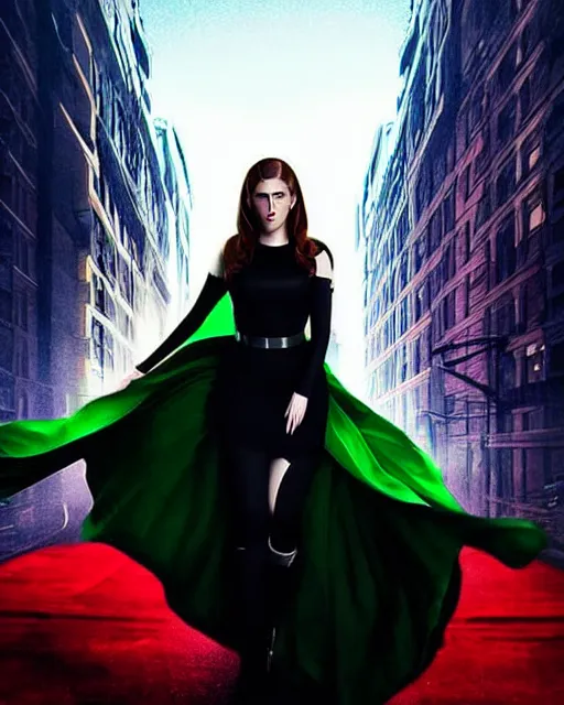 Prompt: Dan LuVisi art, cinematics lighting, beautiful Anna Kendrick supervillain, green dress with a black hood, angry, symmetrical face, Symmetrical eyes, full body, flying in the air over city, night time, red mood in background