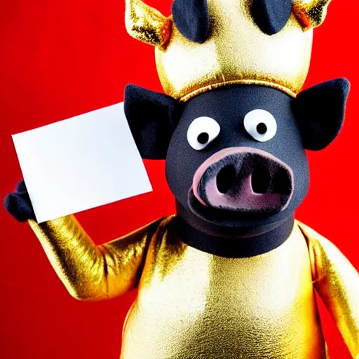 Prompt: studio photograph of a pig wearing a gold crown depicted as a muppet holding sign