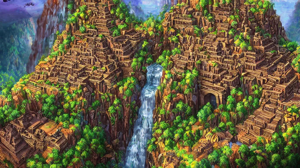 Image similar to ancient aztec city built into a cliff face, waterfall cutting the city in half, lovely colors, art station, digital art, HD, 4k, beautiful foliage