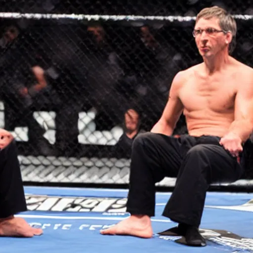 Image similar to steve jobs fighting bill gates, ultimate fighting championship