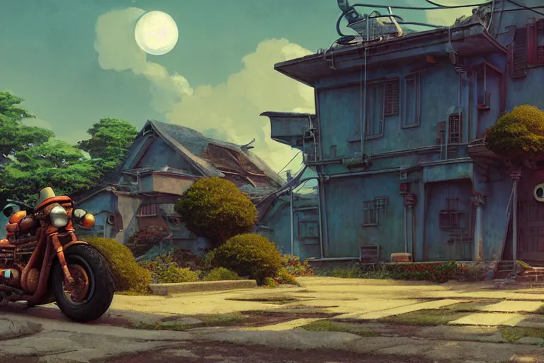 Prompt: retro futuristic science fiction motorcycle parked in front of a dilapidated old house, medium shot, studio Ghibli, Pixar and Disney animation, sharp, very detailed, high resolution, Rendered in Unreal Engine 5, anime key art by Greg Rutkowski, Bloom, dramatic lighting, colorful