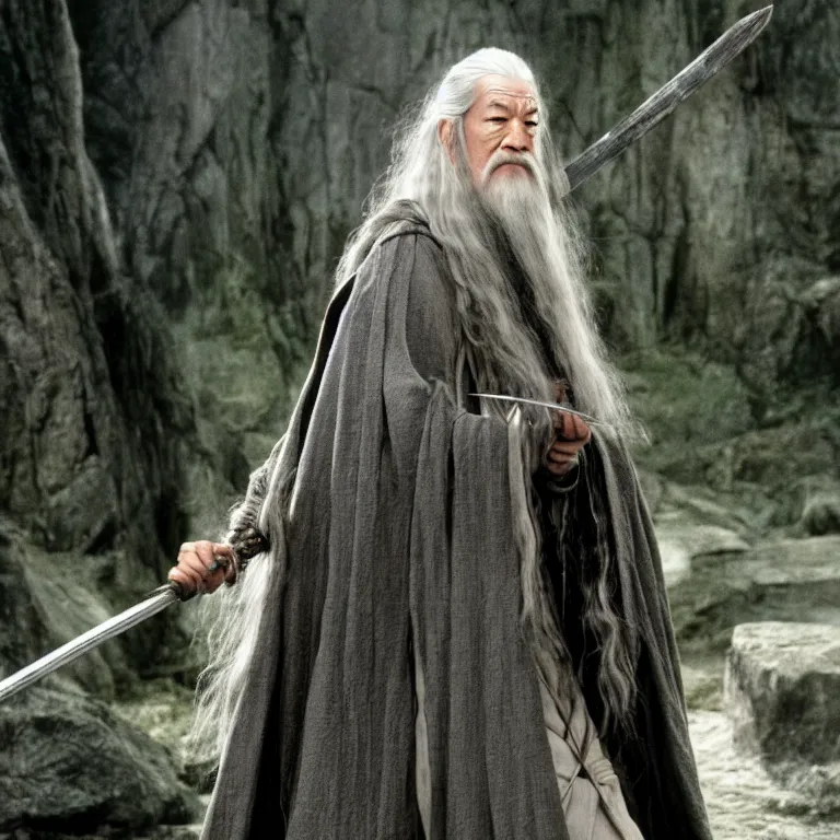 Prompt: film still of Lucy Liu as Gandalf in Lord of the Rings,