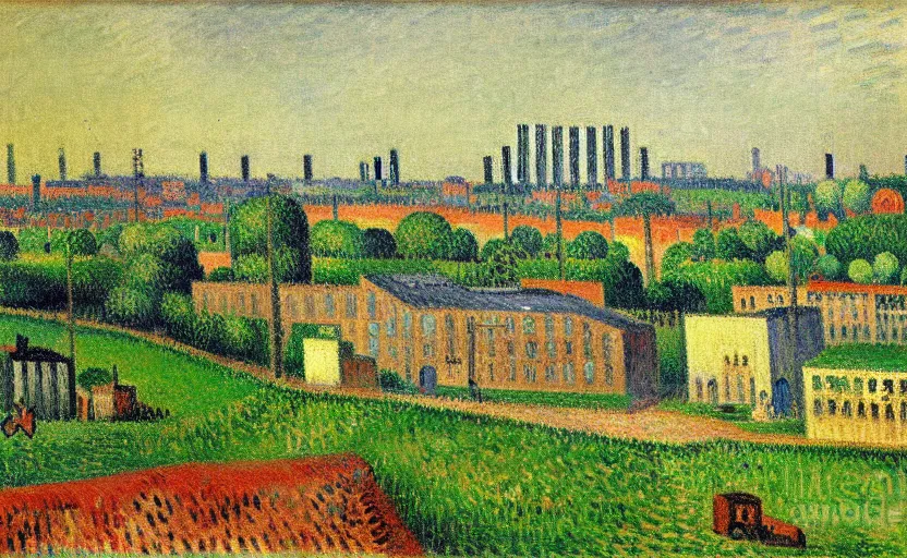 Prompt: geometric painting of industrial buildings surrounded by undergrowth by camille pissarro