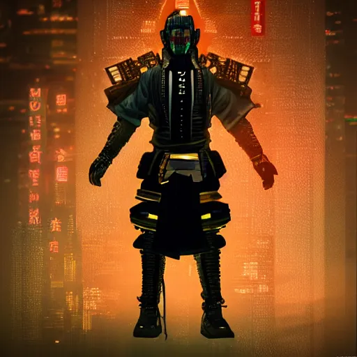 Image similar to cyberpunk samurai, with techware, subject centered in the frame, golden ratio, rule of thirds, volumetric lighting, prismatic neon accents, D&D, intricate, elegant, highly detailed, digital painting, japanese , altered carbon style, trending on artstation, unreal engine 5, octane render, redshift, concept art, art by Artgerm and Greg Rutkowski and Alphonse Mucha