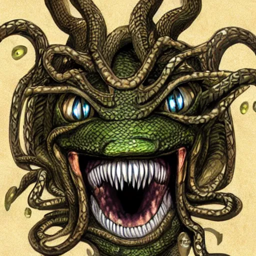 Image similar to torquoise fantasy fanged medusa, medusa head, snake heads, medusa head, snake heads, medusa head, snake tongue, snake tongue, snake eyes, hair made of snake eyes, fantasy game art, fantasy rpg, league of legends