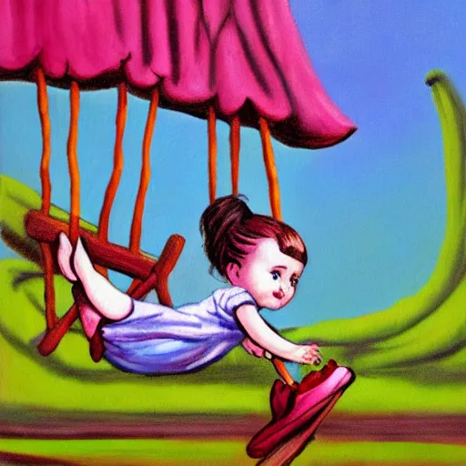 Image similar to emo fantasy painting of a little girl on a swing by dr seuss | horror themed | creepy