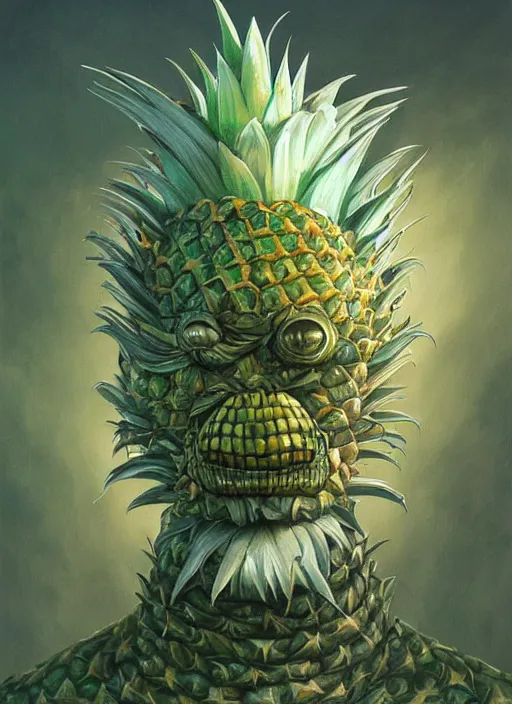 Image similar to pineapple mf doom reptile eyes, luminescent pineapple skin. intricate, elegant, highly detailed, centered, digital painting, artstation, concept art, smooth, sharp focus, illustration, artgerm, tomasz alen kopera, peter mohrbacher, donato giancola, joseph christian leyendecker, wlop, frank frazetta