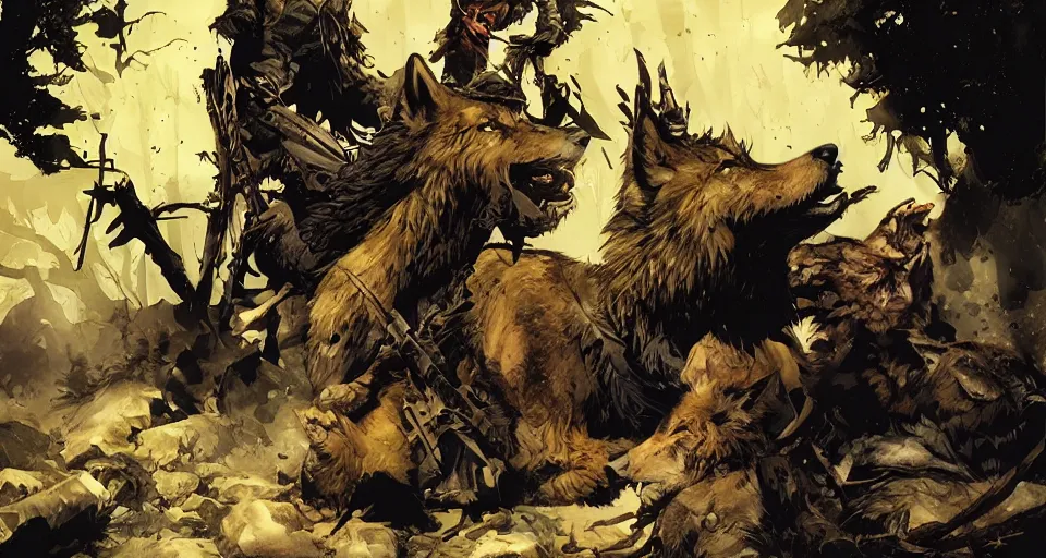 Prompt: WOLVES AND THEIR TREASURES. By Travis Charest, James Gurney, and Ashley Wood. magic lighting. Magic the gathering. digital painting.