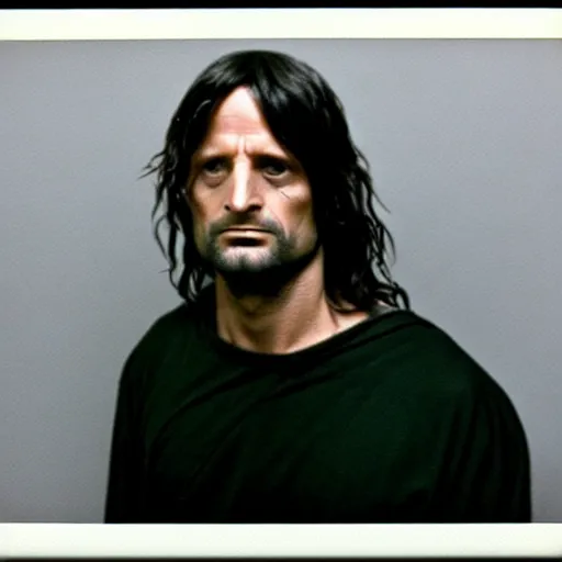 Prompt: Aragorn, from lord of the rings, gets arrested for stealing the one ring, and is taken away in handcuffs,1980s Polaroid photo-journalism flash photography, black and white