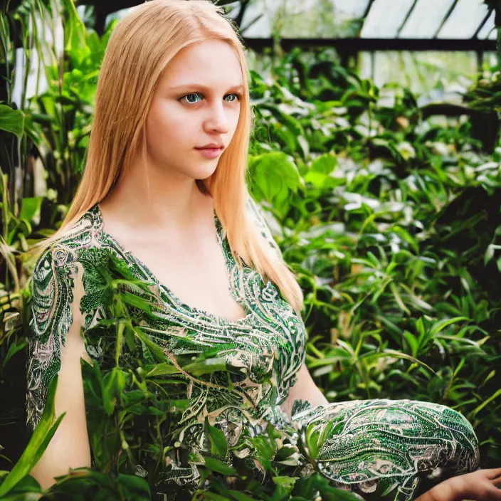 Prompt: portrait photograph of an extremely beautiful!!!! young female , symmetric face!, symmetric round detailed eyes!!, slight smile, natural light, wearing a intricate dress!! Blond hair. Bright green eyes. in a tropical lush greenhouse. looking at the camera!!. super resolution. Extremely detailed. Graflex camera!, bokeh!!!!! trending on artstation.