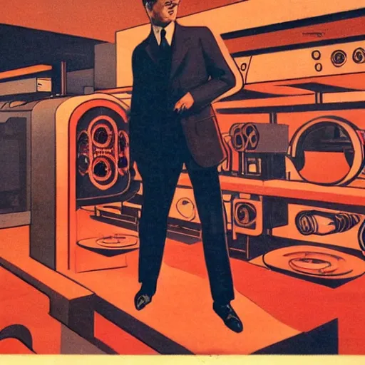 Image similar to man in futurist 6 0 ´ s lab, machines and futurist robots, red lights, leyendecker style, black suit