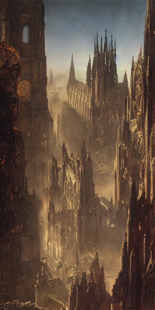 Image similar to sunlit vista, dieselpunk gothic cathedral, painted by ruan jia, petrol oil, lawrence alma tadema, zdzislaw beksinski, norman rockwell, jack kirby, tom lovell, alex malveda, greg staples, hand of fear, bbc, tv