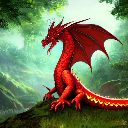 Image similar to red fire dragon in verdant forest, dnd character, background focus, high fantasy, magic, regal, realistic textured skin, gemstone textured scales, wings extended, spitting fire, huge eyes, clear clean, by lya kushinov, Avetetsuya Studios, Alexandra Fomina artstation, by Makoto Shinkai, Shinerai, matte painting