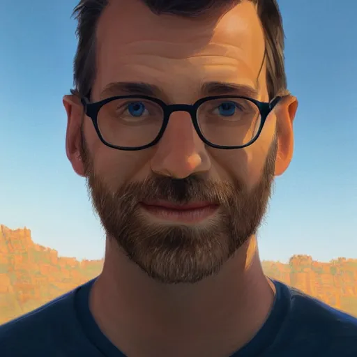 Prompt: Man from frog perspective in his 30s, light brown hair and salt-and-pepper hair with a short beard, thick dark glasses, blue eyes, big nose, wearing a shirt and a jean, digital painting, 4k, rays of light, particles light, artstation, kuvshinov ilya, landscape by Noah Bradley