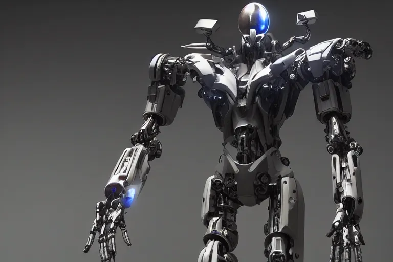 Image similar to cyberpunk alien concept inspired mecha robot, futuristic look, highly detailed body, very powerful, photorealistic camera shot, bright studio setting, studio lighting, crisp quality and light reflections, unreal engine 5 quality render