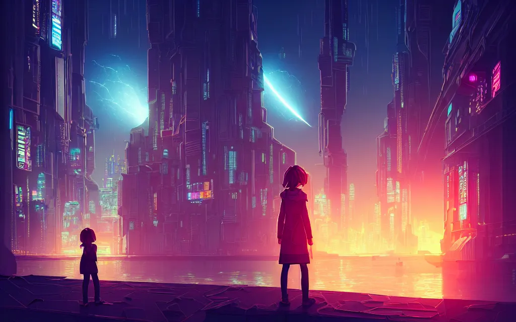 Image similar to girl staring at a meteorite hitting a floating cyberpunk city at night by wlop, low poly art, ultra detailed color art, high detail, digital art