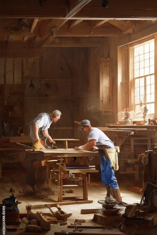 Image similar to simple craftsman fine woodworker building a wooden table in their well lit clean open workshop, thomas lawrence, greg rutkowski