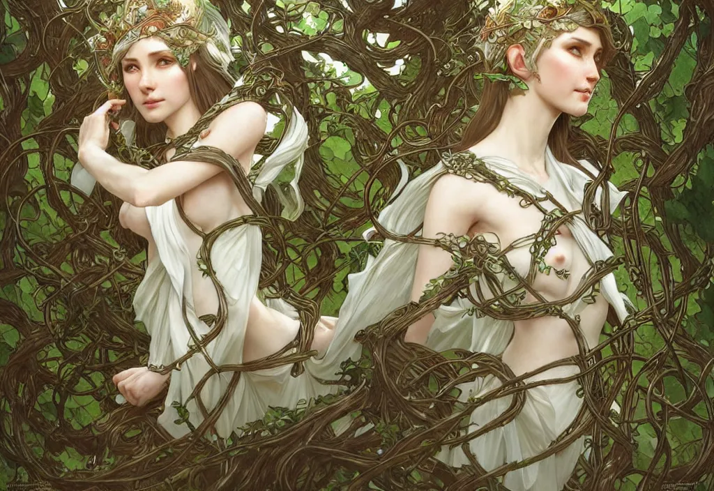 Prompt: a beautiful elven druid, clad in vines, riding a white wyvern, intricate, sharp focus, illustration, highly detailed, digital painting, concept art, matte, art by wlop and artgerm and greg rutkowski and alphonse mucha, masterpiece