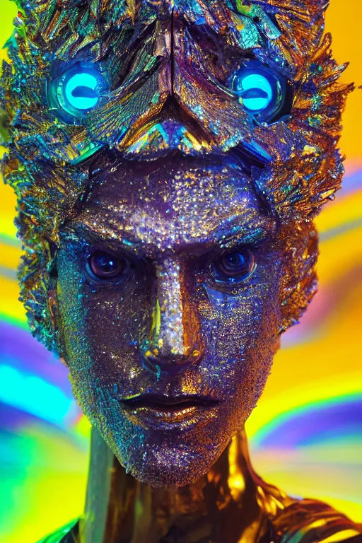 Image similar to hyper detailed ultra sharp photoshoot of baroque and bladerunner crystalline sapphire sculpture of seductive adrien sahores neon tigers iridescent humanoid deity wearing metallic hoody made out of banana leaves holding the sun prismatic dungeon, glowing rainbow face, crown of white diamonds, cinematic lighting, photorealistic, octane render 8 k depth of field 3 d
