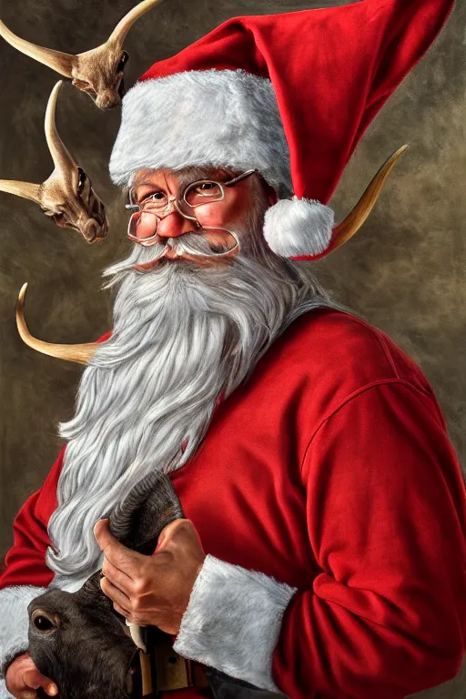 Prompt: Redneck Santa with flying Longhorns, oil on canvas, intricate, portrait, 8k highly professionally detailed, HDR, CGsociety