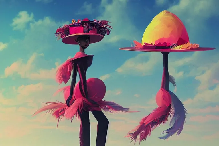 Image similar to a woman walking down a runway with a large cloudy hat on her head, a surrealist sculpture by anton fadeev, trending on behance, afrofuturism, made of feathers, whimsical, steampunk