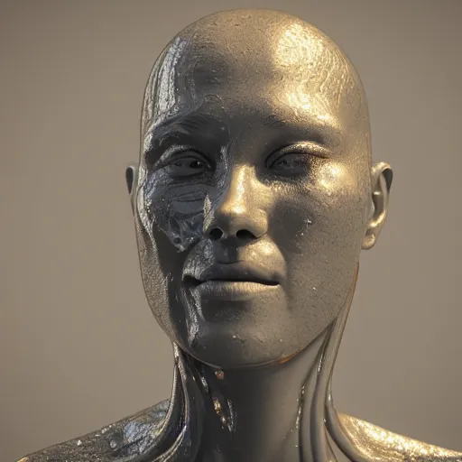 Prompt: 3 d render melted humanoid, sculpture, chrometype, liquid metal, neotribal, raytraced, volumetric lightning, 8 k by wlop, innate studio h - 1 0 0 0 w - 1 0 0 0
