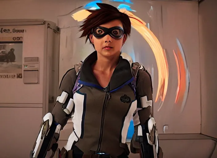 Image similar to a film still of a a woman called tracer from overwatch in doctor who