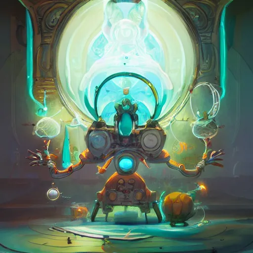 Prompt: Art in the style of Peter Mohrbacher, alchemist robot, casting spell, floating, twisting robes, rings of ornate metal, jade orbs of striking color, 4k