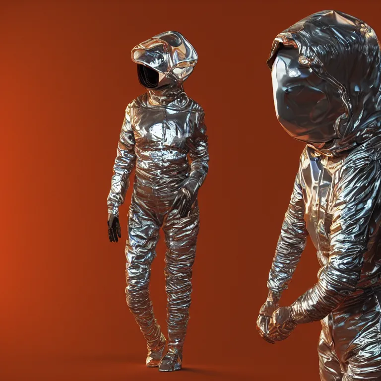 Image similar to octane render portrait by wayne barlow and carlo crivelli and glenn fabry, subject is a woman covered in folded aluminum foil space suit with a colorful metallic space helmet, standing on a red rocky western alien landscape, cinema 4 d, ray traced lighting, very short depth of field, bokeh