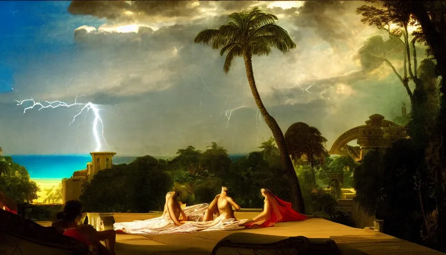 Image similar to From inside the balcony of the giant Palace, mediterranean balustrade and columns, refracted lines and sparkles, thunderstorm, greek pool, beach and Tropical vegetation on the background major arcana sky and occult symbols, by paul delaroche, hyperrealistic 4k uhd, award-winning, very detailed paradise