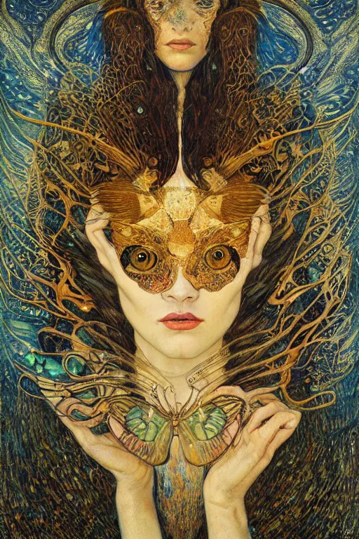 Prompt: Metamorphosis by Karol Bak, Jean Deville, Gustav Klimt, and Vincent Van Gogh, transformational chimera portrait, visionary, cicada wings, otherworldly, fractal structures, ornate gilded medieval icon, third eye, chrysalis, spirals, horizontal symmetry