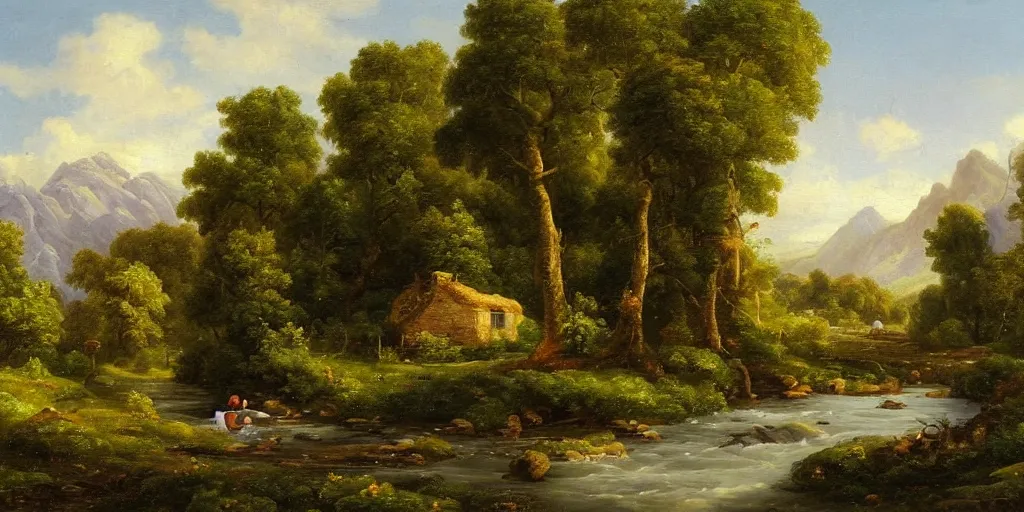 Image similar to a beautiful landscape painting of a cottage by a river in a valley, astronaut sitting by the river, by john glover, oil on canvas, highly detailed, hd, 4 k