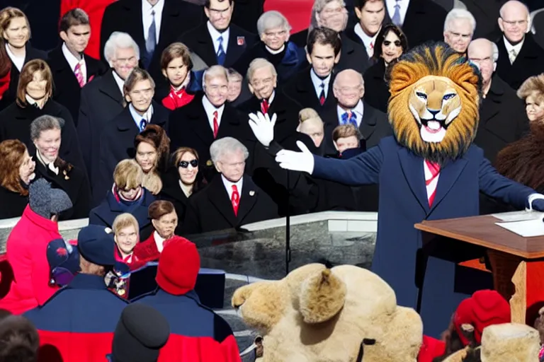 Prompt: photo of the usa presidential inauguration, a lion fursuiter being inaugurated as president